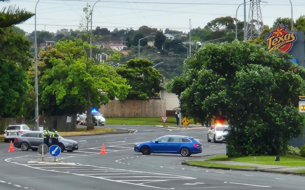 Police on Lincoln Road near Daytona Road, Auckland, after a police pursuit ended with collision with a police car.