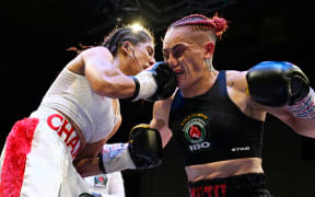 Chandni Mehra (White) and Mea Motu (Black) fight in Whangarei on 2 December 2023.