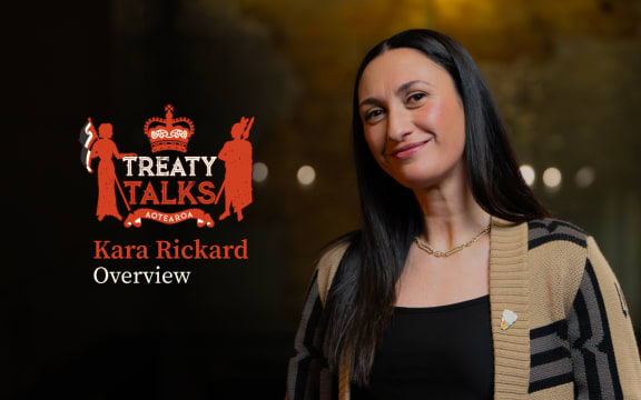 Crest referencing the nz coat of arms but featuring silhouette of a woman holding tino rangatiratanga flag and a crown with māori designs and the word Aotearoa at the base.
Colours are mainly red with some cream, all on a black background.
Text reads Kara Rickard, overview
Image is host Kara Rickard