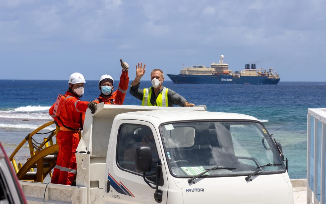 Arriving on Nukunonu.  Local drivers were hired to take cable workers around.