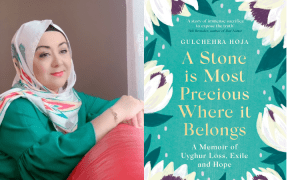 Uyghur journalist Gulchera Hoja and the cover of her book "A Stone is Most Precious where it Belongs"