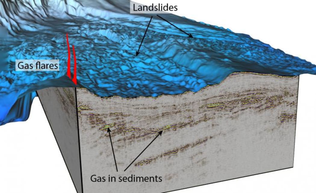 A 3D image of one section of East Coast seafloor mapped in 3D, complete with methane deposits and flares.