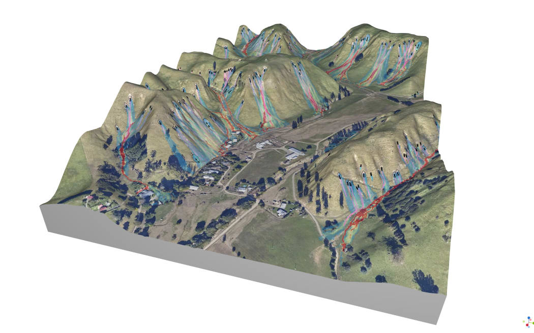 Landslide runout forecasts over an image and LiDAR model of the land. ESNZ.