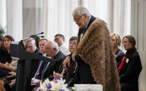 Piranha Prentice from Ahuriri speaks at the signing of the Ahuriri Deed of Settlement at Parliament.