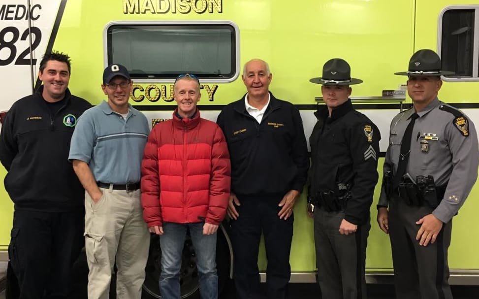 Kiwi runner Nick Ashill is reunited with state troopers and emergency service members the year he was struck by a ute in Ohio.
