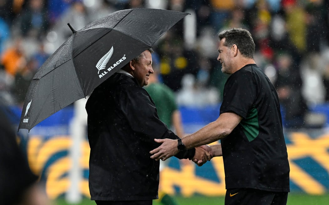 New Zealand All Blacks coach Ian Foster (L) and South Africa’s Rassie Erasmus meet before the 2023 Rugby World Cup final in Paris.