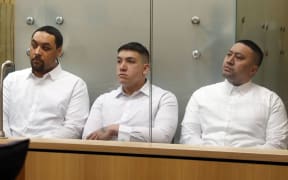 Alan Swan Norman,  left, Tremain Whetu Wiremu Vic Turfry Ross, and Tukotahi King in the Nelson High Court for the sentencing by Justice Andru Isac for the manslaughter Lake Takimoana in Washington Valley, Nelson in 2022.