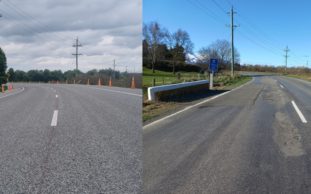 A reconstructed section of Arundle-Rakaia Gorge Road now and what it was like before. At this site the existing road was dugout to 500mm depth, strong river gravels put back, 150mm of gravel put on top and then chipsealed to mean that 100mm thickness of road replaced with 650mm thickness of road.