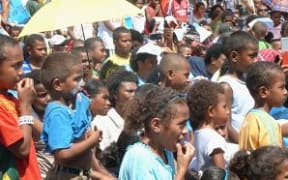 The crowd at the Fiji First rally in Suva listens to speakers.