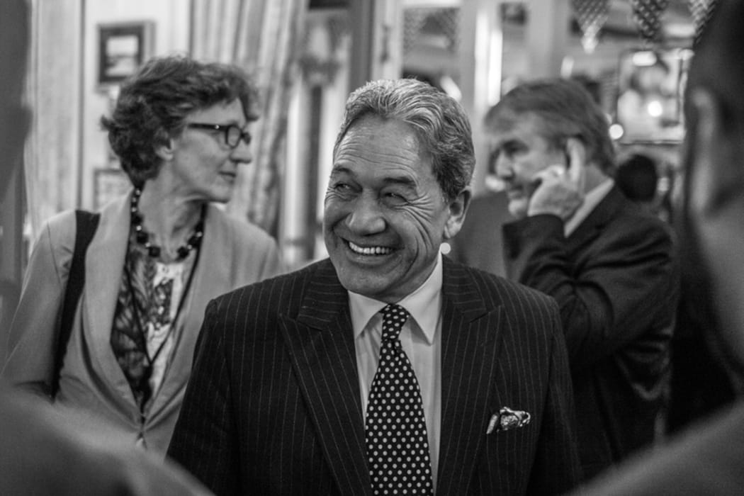 Winston Petters, leader of New Zealand First, speaks with guests from his party's hq in Russell, on election night 2017.