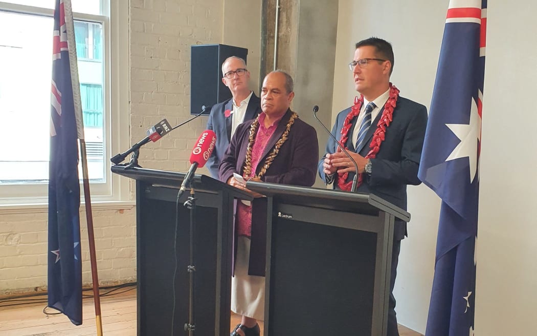 (L-R)  New Zealand's Minister of State for Trade and Export Growth, Phil Twyford, Associate Minister of Foreign Affairs, Aupito William Sio and Australian Minister for International Development and the Pacific, Zed Seselja.