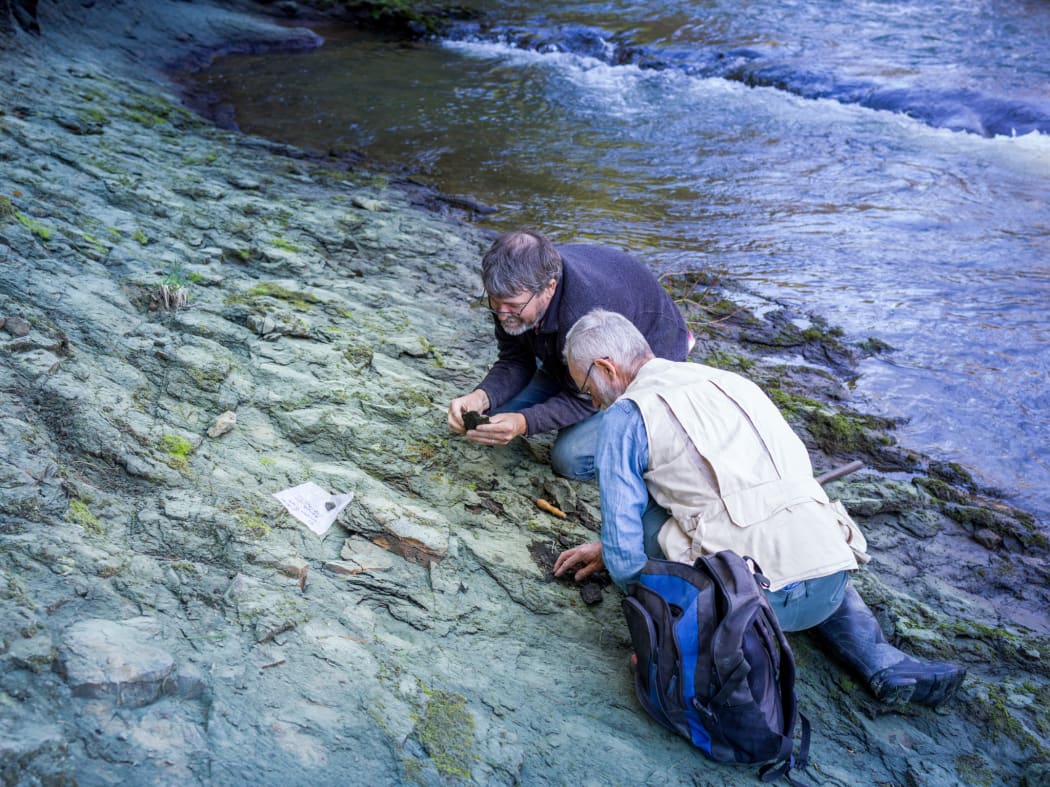 Dr Paul Scofield and amateur paleontologist Leigh Love examine a section of Waipara river bank, near where the fossil was found.