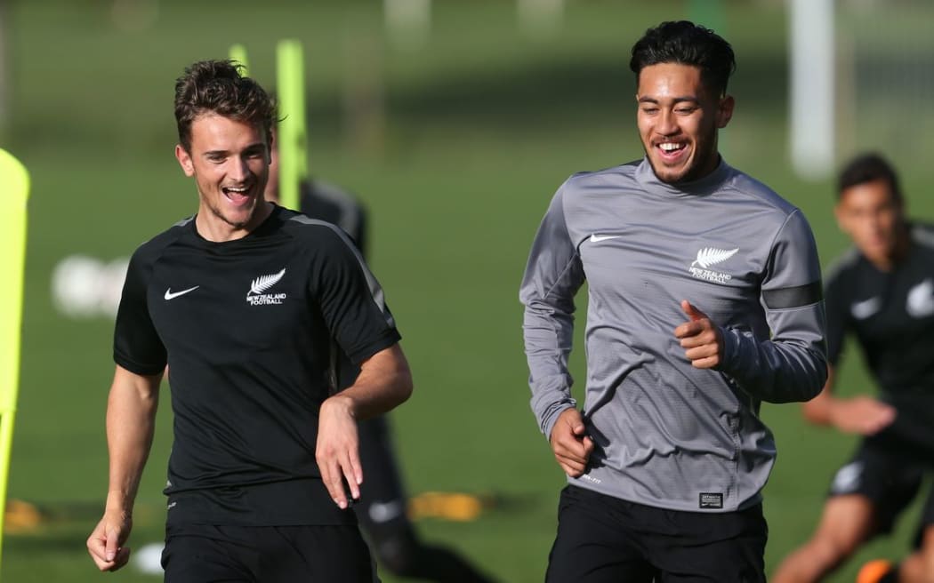 Deklan Wynne (L) and Junior All Whites captain Bill Tuiloma in training before the FIFA Under-20 World Cup, New Zealand Training Session, Porritt Stadium Hamilton, Tuesday 9th June 2015. Copyright Photo: Shane Wenzlick