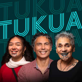 Image of Kura Turuwhenua, Brett Graham and Ngahuia Te Awekotuku smiling with te reo Maori word “Tukua” in neon blue behind them.