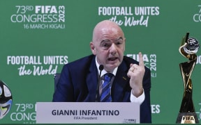 FIFA President Gianni Infantino gestures during a press conference at the 73rd FIFA Congress in Kigali, Rwanda, on 16 March, 2023. 

(Photo by SIMON MAINA / AFP)