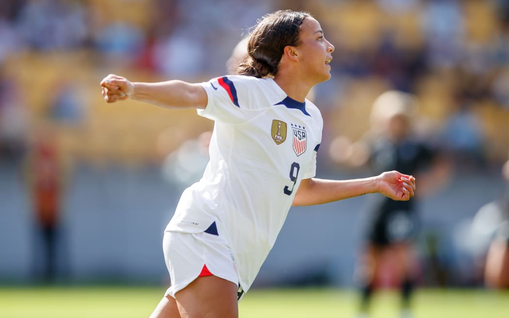 Mallory Swanson of USA celebrates scoring a goal during a women’s international football friendly game between the New Zealand Football Ferns and the U.S.
