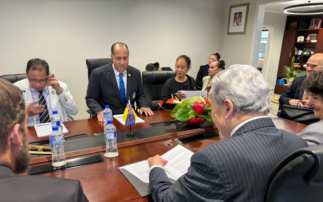 Premier of Niue Dalton Tagelagi meets with New Zealand foreign affairs minister Winston Peters.