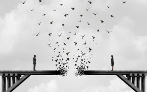 Divorce and separation as a couple on a broken fading bridge flying away as a divided relationship concept with 3D illustration elements.