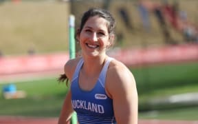 Eliza McCartney competes in the pole vault during the 2024 National Track & Field Championships at Newtown Park, Wellington.