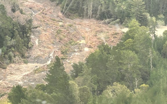 Flood damage as seen from the sky over Tokomaru Bay around the Mangahauini river.