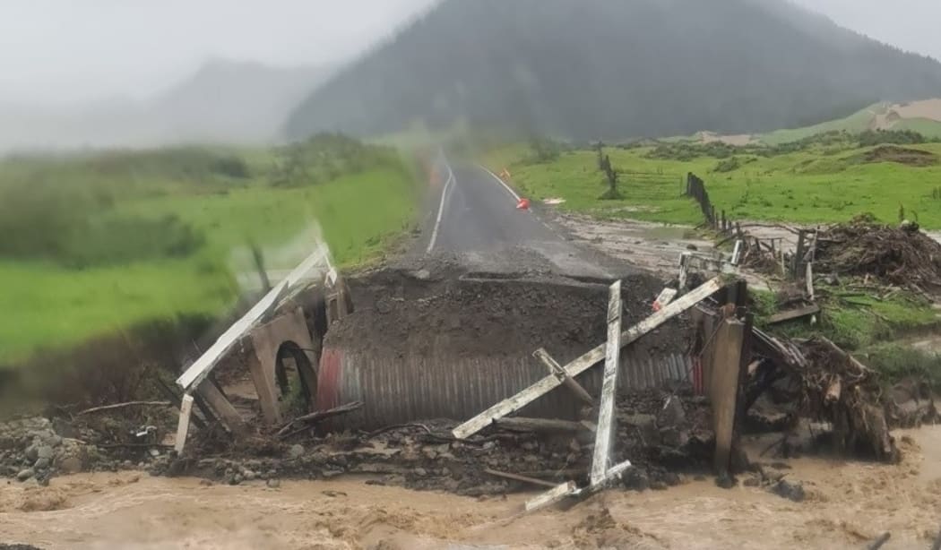 A bridge has come apart on the road to the East Cape in Tairāwhiti after torrential rain and strong winds on 13 April.