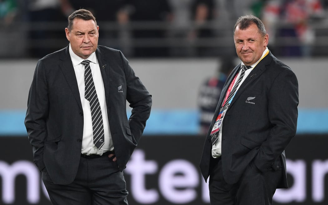 Ian Foster (right) and Steve Hansen at the RWC quarterfinal in Tokyo in October.