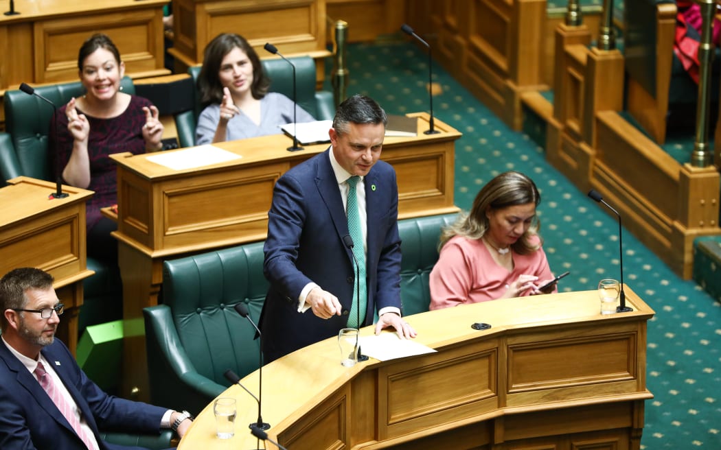The Minister for Climate Change James Shaw speaks to a motion declaring a climate emergency at Parliament