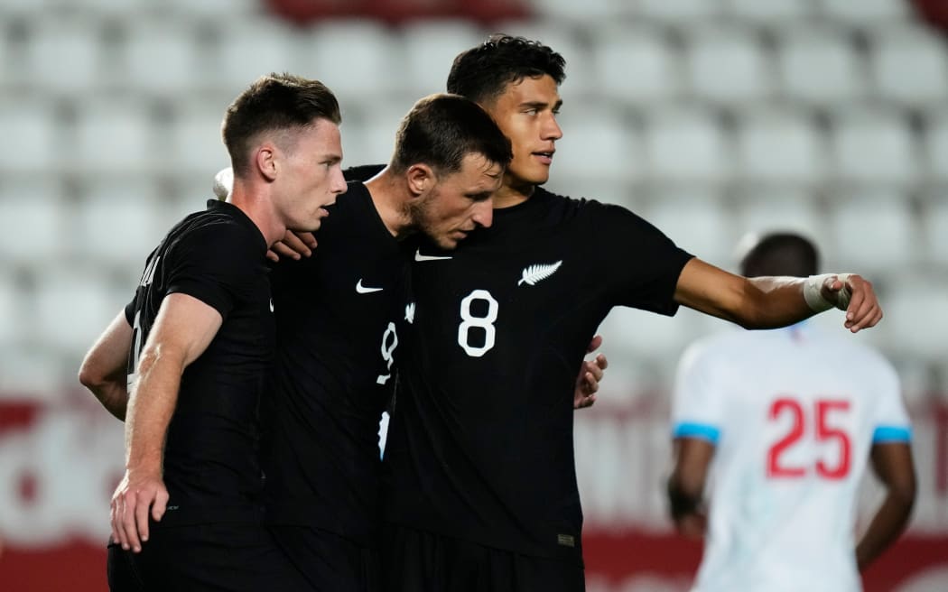 Chris Wood of New Zealand celebrates after scoring his sides first goal during the New Zealand All Whites v DR Congo International Men’s Football match at Estadio Nueva Condomina, Murcia, Spain on Friday 13 October 2023. Photo credit: Jose Breton / www.photosport.nz