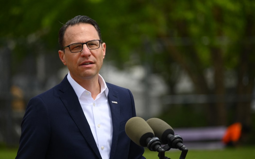 Governor Josh Shapiro is speaking at a press conference about the proposal of an investment in youth community programming, aiming to reduce violent crime and gun violence, in the West Kensington neighborhood in Philadelphia, Pennsylvania, on May 3, 2024. (Photo by Bastiaan Slabbers/NurPhoto) (Photo by Bastiaan Slabbers / NurPhoto / NurPhoto via AFP)