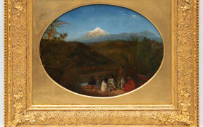 'William Strutt War Dance at Taranaki', New Zealand, Mount Egmont, in the distance exhibited 1857, Auckland Art Gallery Toi o Tāmaki, purchased with assistance from Andrew and Jenny Smith, the Lyndsay Garland Trust, Graeme Maunsell Trust, Dr Ian Wilson bequest and R H Berryman bequest, 2023.