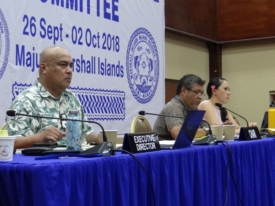 Fisheries talks in Majuro were overseen Tuesday by, from left: Western and Central Pacific Fisheries Commission Executive Director Feleti Teo, Marshall Islands Marine Resources Authority Director Glen Joseph, and WCPFC Compliance Manager Lara Manarangi Trott.