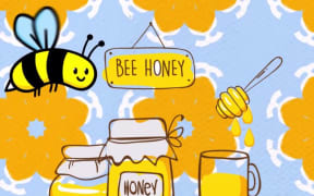 An cartoon of a smiling bee with jars of honey.