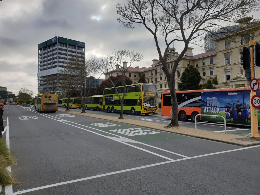 Buses queuing outside Lambton Quay and Bowen Street after disruptions caused by an Extinction Rebellion protest on 7 October.