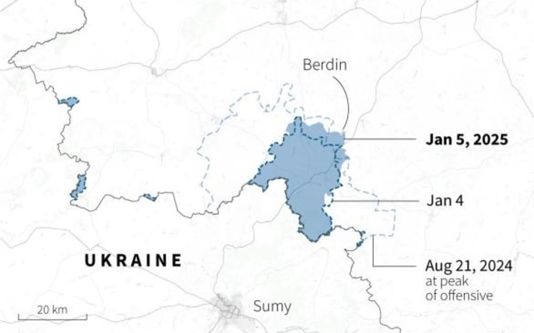 Map showing zones of Ukrainian army advances in the Kursk region of Russia on January 4-5, according to ISW data. - AFP / AFP / MAUD ZABA