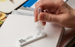 Covid-19 antigen tests underway with the buffer solution being dripped into the test area of the results strip
