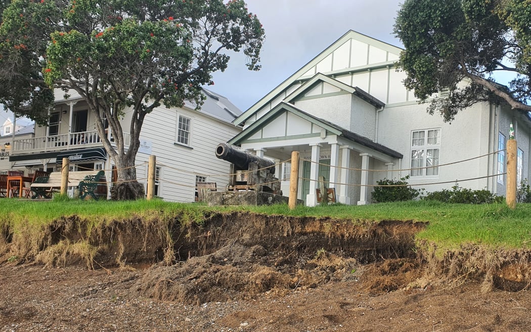 Erosion opposite Russell’s Town hall, before temporary repairs were carried out.