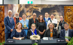 Te Manaaki Māori Trust, Te Wānanga o Aotearoa, and Pitt Rivers Museum partners. Front from L to R: Vanessa Eparaima (Council Chair, TWOA), Professor Laura Van Broekhoven, (Director, Pitt Rivers Museum), Puamiria Parata-Goodall and Dr Arapata Hakiwai (Te Māori Manaaki Taonga Trustees) Back from L to R: John Pearson, (Acting British High Commissioner to New Zealand), Professor Ngatai Taepa (Te Māori Manaaki Taonga Trustee), Professor Irene Tracey (Vice-Chancellor, Oxford University), Evie O’Brien, (CEO, Te Wānanga o Aotearoa), Natasha Beckman, (Director, British Council New Zealand and the Pacific), Dr Te Aro Moxon, (Oxford University graduate, Senior Lecturer, University of Auckland), Makere Derbyshire (British High Commission - New Zealand), Holly Peterson, (Director Alumni Relations, Oxford University).