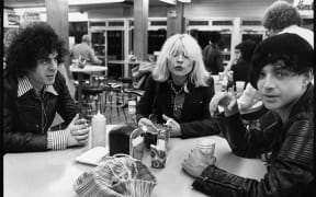Suicide's Marty Rev (L) and Alan Vega (R), with Debbie Harry around Times Square , NYC late 1970s