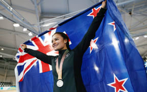 Cyclist Natasha Hansen of New Zealand wins silver in the Women's Sprint Final.