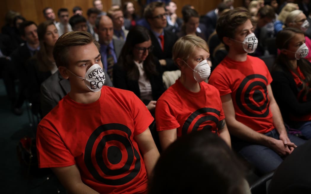 Protesters at the US Senate Foreign Relations Committee hearing on the presidential authority to order a nuclear strike.