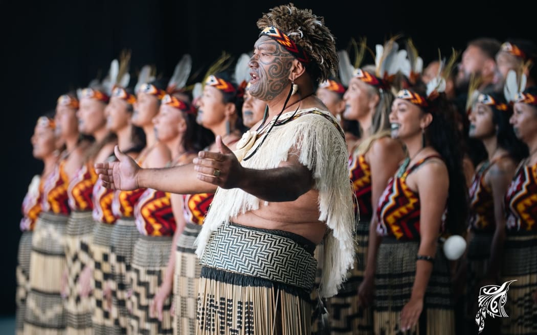 Rawiri Waititi performing with Te Taumata o Apanui at Te Matatini.