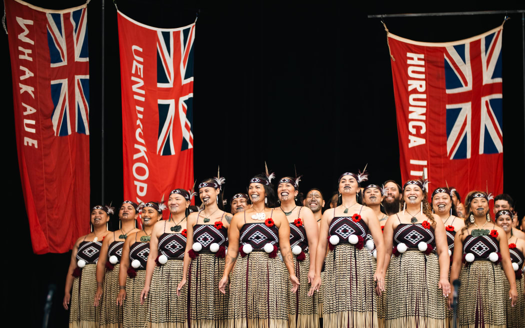 Te Kapa Haka o Ngāti Whakaue at 2025 Te Matatini Festival at Pukekura/Bowl of Brooklands in New Plymouth.