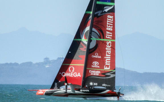 Team New Zealand AC75 Te Aihe sailing off Auckland.