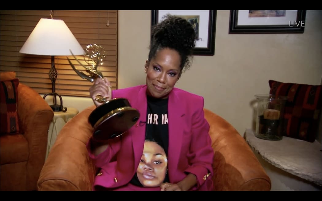 US actress Regina King wearing a Breonna Taylor shirt as she wins the Emmy for Outstanding Lead Actress In A Limited Series Or Movie with Watchmen during the 72nd Primetime Emmy Awards on September 20, 2020.