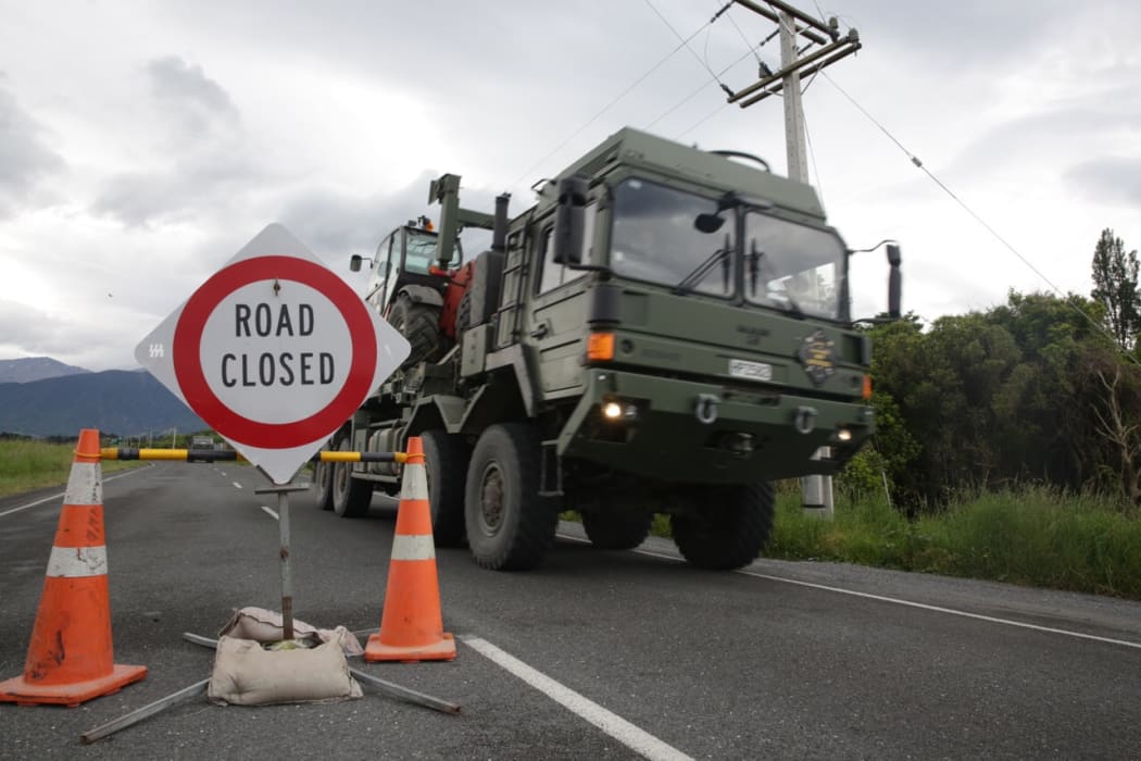 A military vehicle coming through the inland route towards Kaikoura.