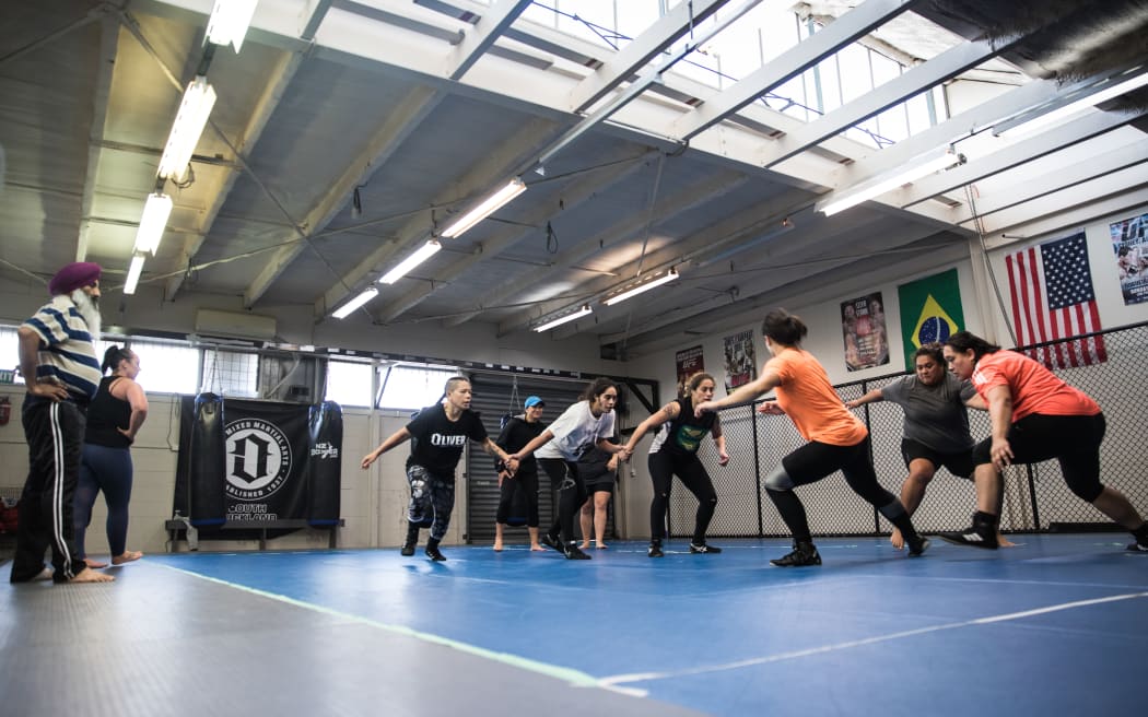 Members of the New Zealand Women's Kabaddi team training in a gym in Manukau, Auckland.