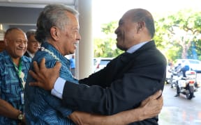 Pacific Islands Forum Secretary-General Henry Puna, left, greets Kiribati President Taneti Maamau in Nadi