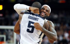 USA's Lebron James celebrates with Kevin Durant at the buzzer. Men's Basketball, Gold Medal Game, USA v Spain at North Greenwich Arena, London, United Kingdom. Sunday 12th August 2012. Photo: Anthony Au-Yeung / photosport.co.nz