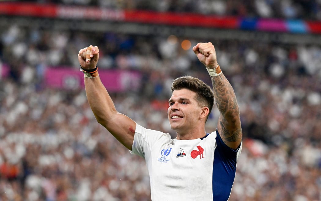 Matthieu Jalibert celebrates France’s win over the All Blacks.