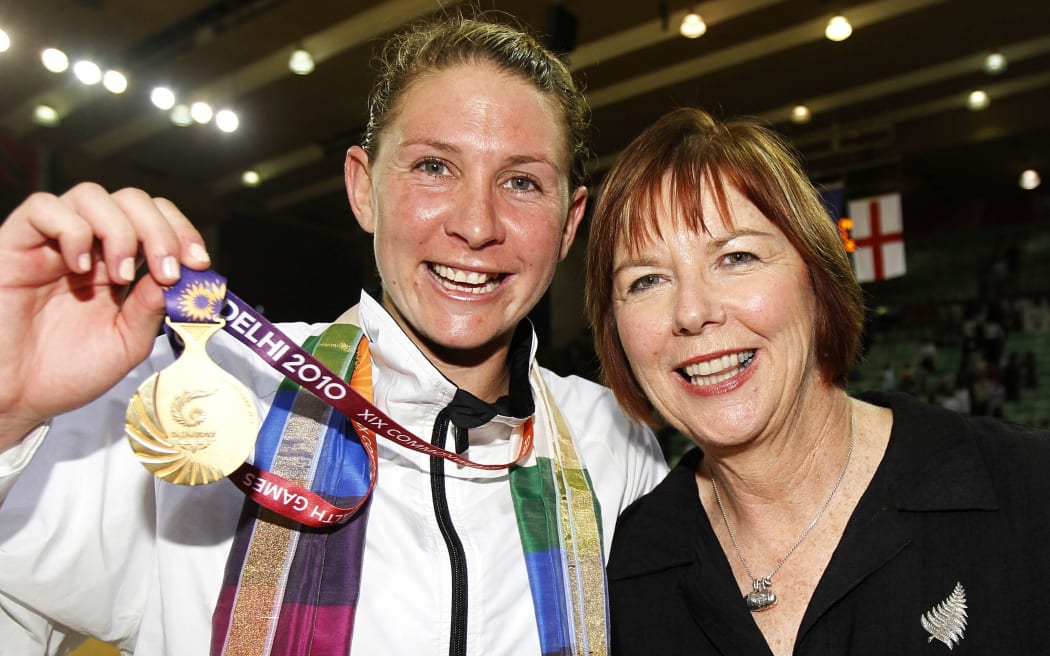 Casey Williams and Ruth Aitken celebrate Commonwealth Games gold in 2010.